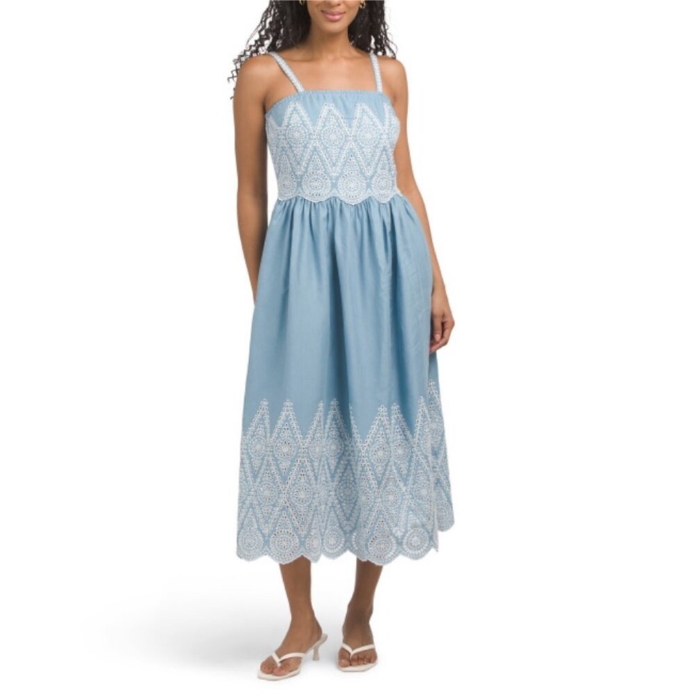 Elie Tahari Linen Denim Blue Scalloped Embroidered Midi Dress sz 6